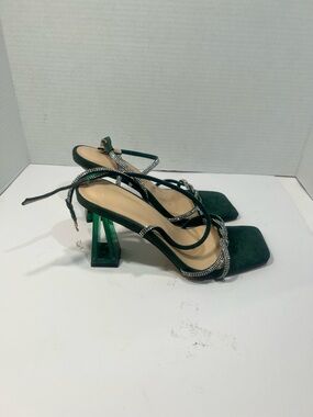 SHEIN Emerald Green Crystal Lace-Up Geometric Block Heels